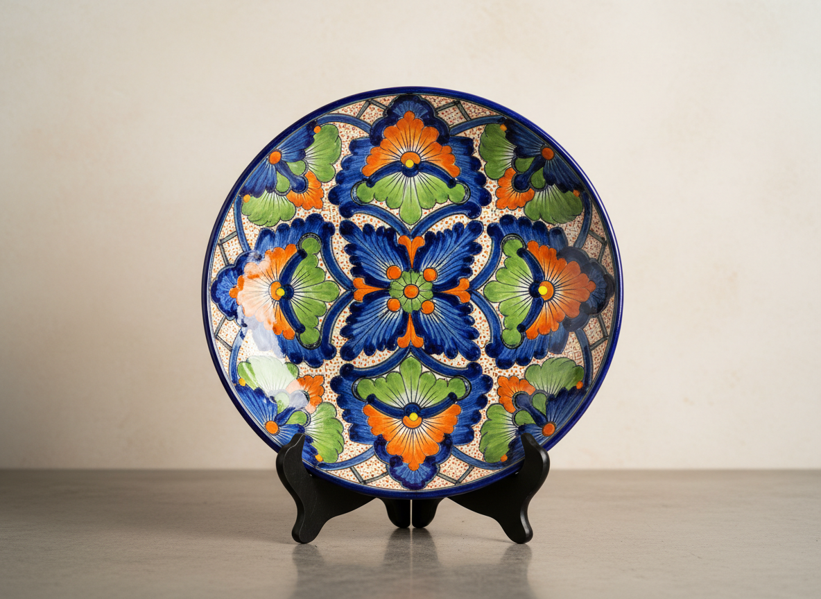 A striking, front-facing product shot of an authentic hand-painted Talavera ceramic platter, standing upright on a matte black display stand against a neutral, softly textured wall. The platter features symmetrical floral and geometric motifs in electric cobalt blue, fiery orange, and lime green, each brushstroke crisp and glossy. Subtle studio lighting from both sides eliminates harsh reflections while adding gentle specular highlights to the glazed surface. The foreground is sharp, while the background fades into a smooth bokeh, ensuring complete focus on the craftsmanship. Photographic realism with a clean, gallery-like atmosphere, bold and vivid yet minimal, evoking premium museum-quality Mexican heritage design ready for an online catalog hero image.