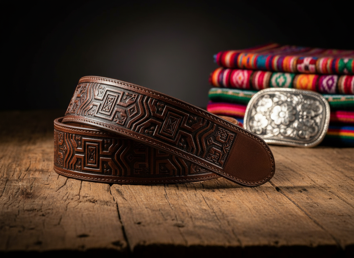 A close-up, photographic realistic scene of a premium Mexican leather belt draped over a rough-hewn wooden table, embossed with precise, geometric Aztec-inspired patterns. The rich, dark brown leather has a subtle sheen and visible grain, catching the light to reveal its craftsmanship. In the background, slightly out of focus, sit neatly stacked, colorful woven rebozos and a polished silver charro buckle, hinting at a curated collection. Warm, directional overhead lighting creates pronounced shadows and luminous highlights along the belt’s edges. The composition uses the rule of thirds with a low, side angle that emphasizes depth and texture, creating a bold, confident atmosphere suitable for a high-end heritage store brand.