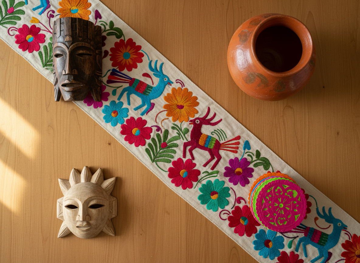 An overhead, photographic realistic view of a carefully curated flat lay featuring iconic Mexican heritage items arranged on a smooth, warm-toned wooden surface. In the center, a richly embroidered Otomí textile with vibrant animal and floral motifs stretches diagonally, its saturated reds, blues, and yellows popping against the wood. At the corners, a pair of hand-carved wooden masks, a small clay olla with burnished orange-brown tones, and a stack of colorful papel picado coasters create a balanced frame. Soft, diffused daylight from a nearby window spreads evenly, minimizing shadows and letting colors dominate. The composition is bold and graphic, with strong shapes and clear negative space, creating an energetic, contemporary merchandising look.