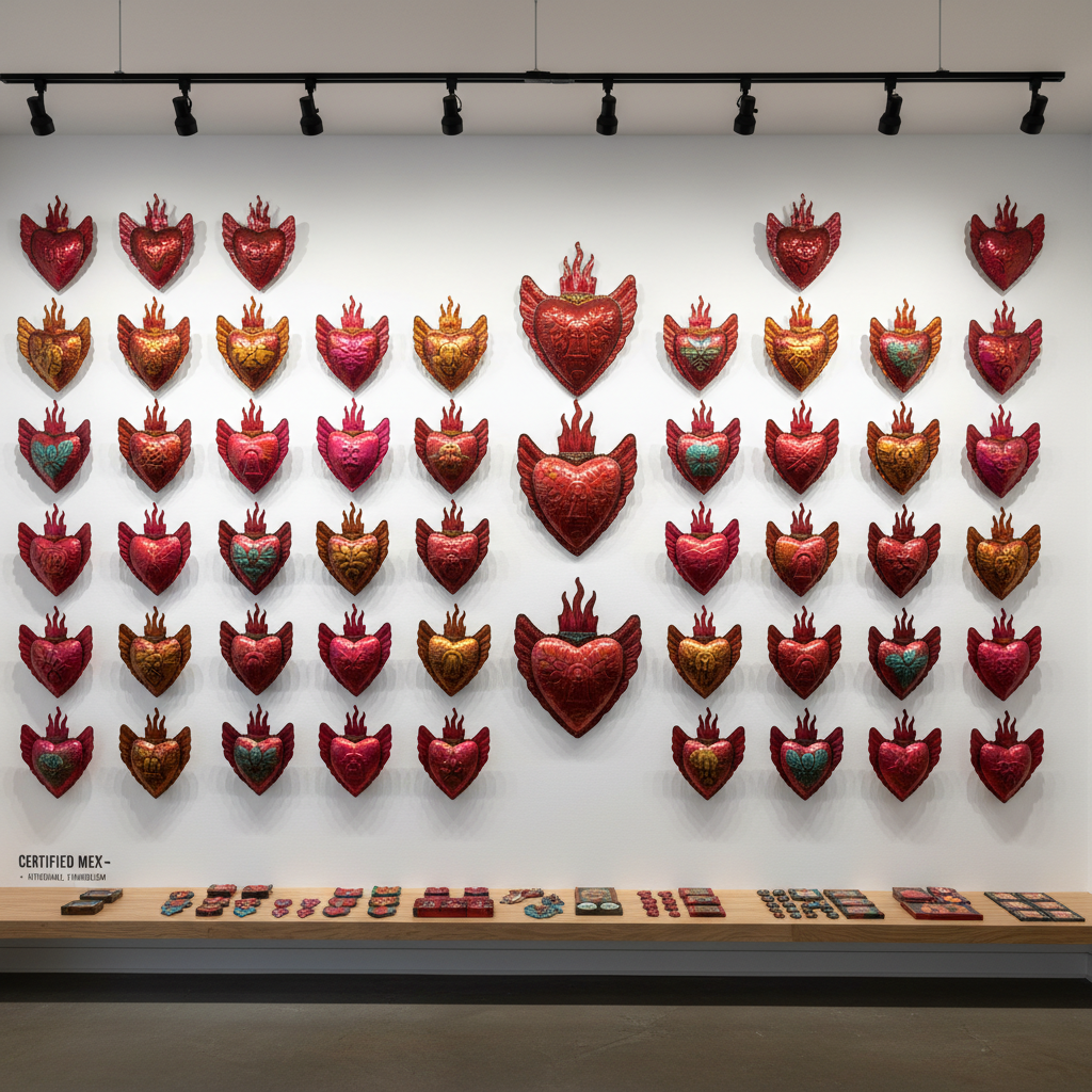 A photorealistic, eye-level interior scene of a bold Certified Mex feature wall, covered in neatly aligned, colorful Mexican tin milagro hearts in varying sizes. Each heart is embossed with unique textures, painted in intense reds, fuchsias, and metallic golds, with small wings and flames rising from the tops. The wall itself is a smooth, matte white, making the colors and reflective tin surfaces stand out. Track lighting above casts sharp, controlled beams, creating dynamic, overlapping shadows and bright specular highlights on the metal. The composition uses a wide frame with strong horizontal lines, conveying an energetic, gallery-style retail environment that celebrates Mexican symbolism with modern, graphic impact.
